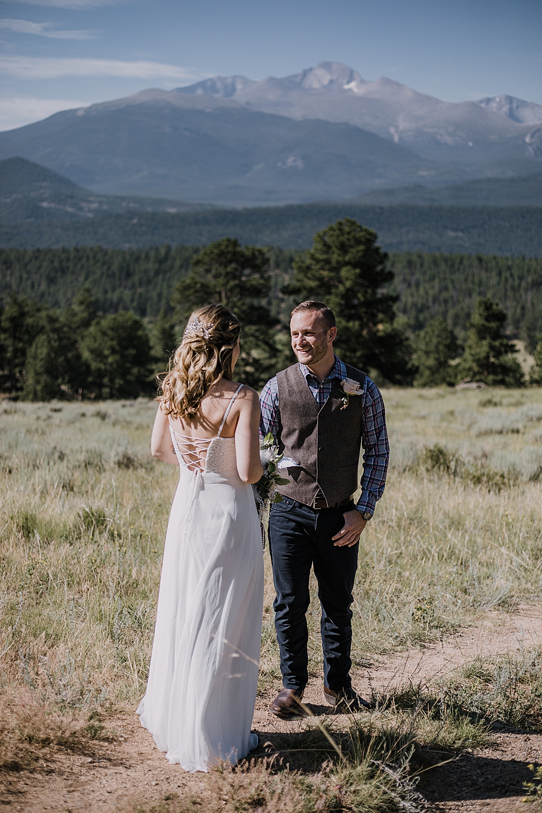 elopement couple first look, rocky mountain national park elopement, 3M curves elopement, self solemnizing, self solemnization, long's peak ceremony, hiking elopement, estes park elopement