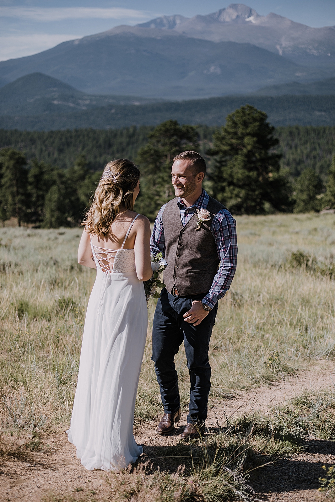 elopement couple first look, rocky mountain national park elopement, 3M curves elopement, self solemnizing, self solemnization, long's peak ceremony, hiking elopement, estes park elopement