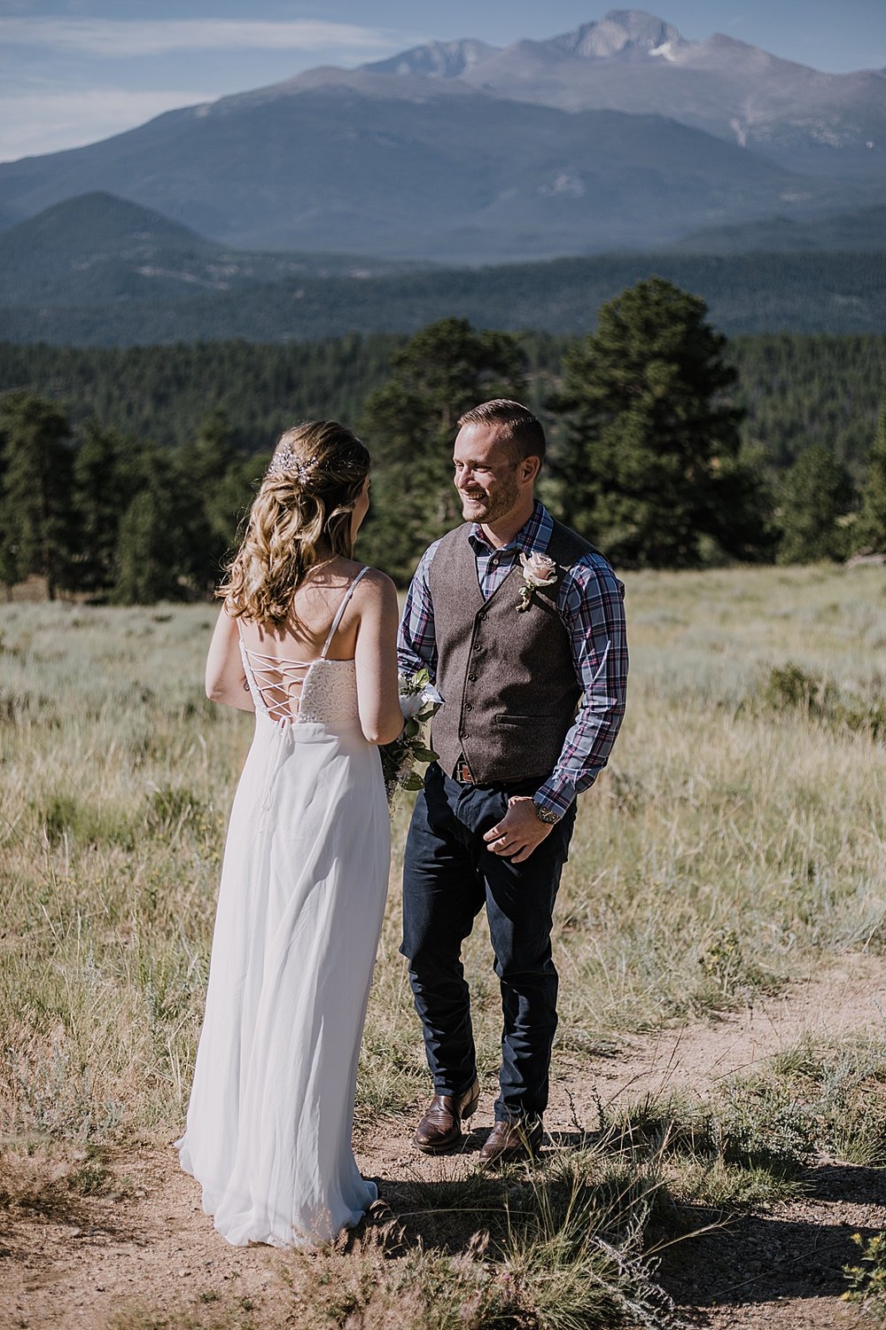 elopement couple first look, rocky mountain national park elopement, 3M curves elopement, self solemnizing, self solemnization, long's peak ceremony, hiking elopement, estes park elopement