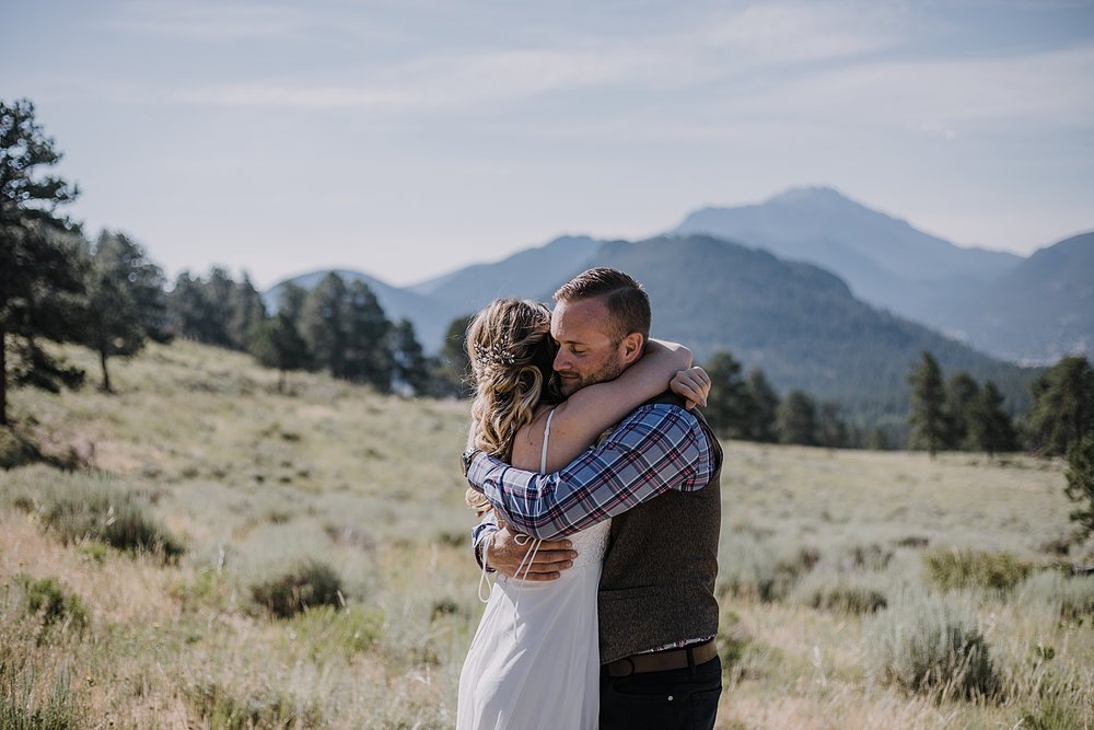 elopement couple first look, rocky mountain national park elopement, 3M curves elopement, self solemnizing, self solemnization, long's peak ceremony, hiking elopement, estes park elopement