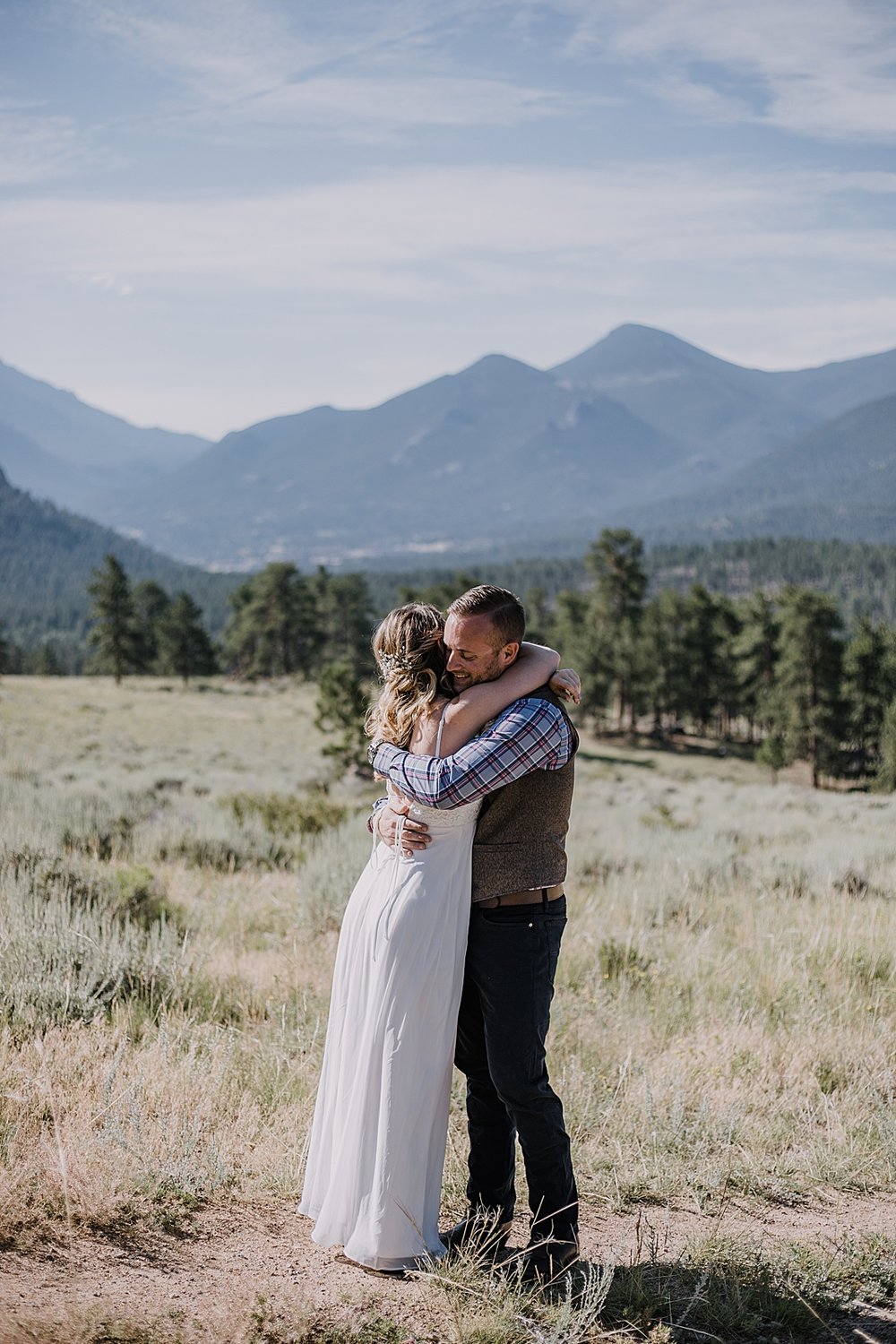 elopement couple first look, rocky mountain national park elopement, 3M curves elopement, self solemnizing, self solemnization, long's peak ceremony, hiking elopement, estes park elopement