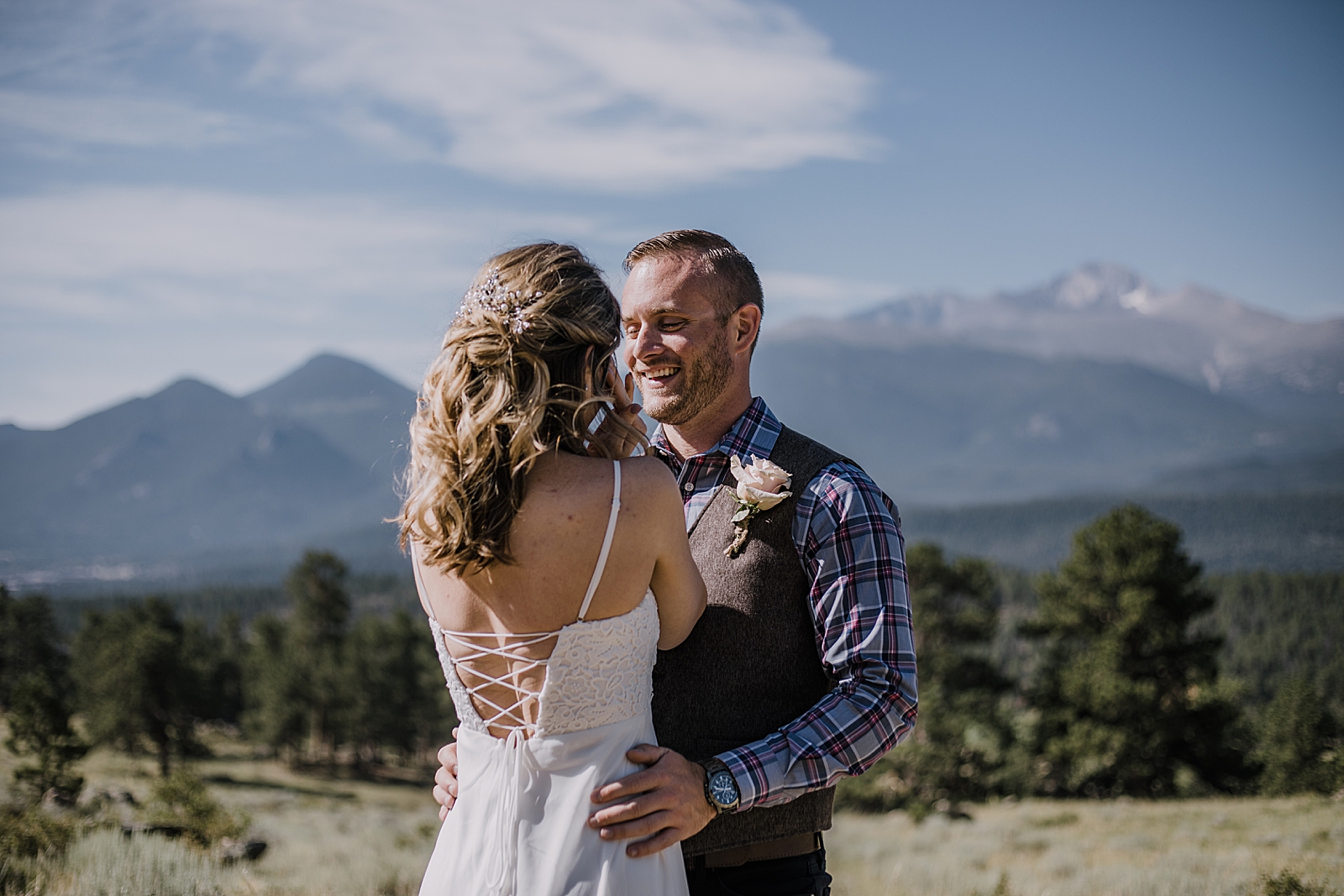 elopement couple first look, rocky mountain national park elopement, 3M curves elopement, self solemnizing, self solemnization, long's peak ceremony, hiking elopement, estes park elopement