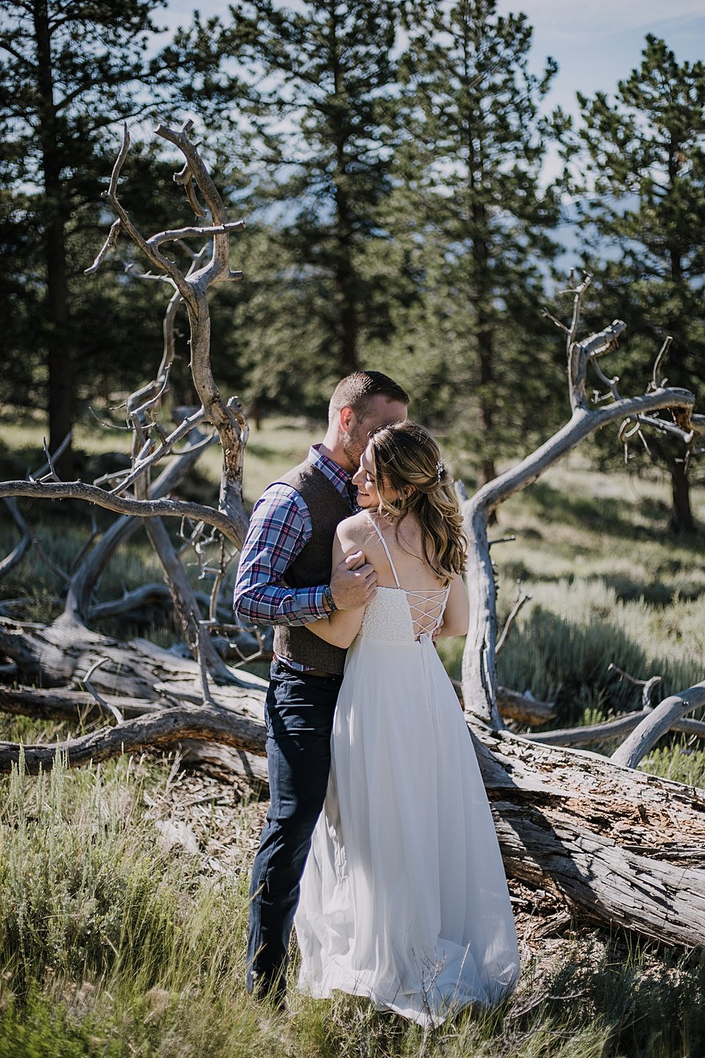 bride and groom, RMNP elopement ceremony, rocky mountain national park elopement, 3M curves elopement, self solemnizing, self solemnization, long's peak, summer hiking elopement, estes park elopement