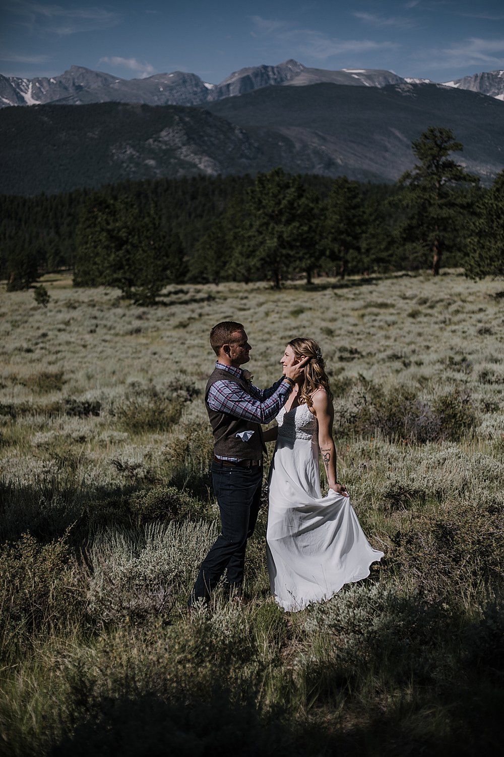 bride and groom dancing, RMNP elopement ceremony, rocky mountain national park elopement, 3M curves elopement, self solemnizing, self solemnization, long's peak, summer elopement, estes park elopement