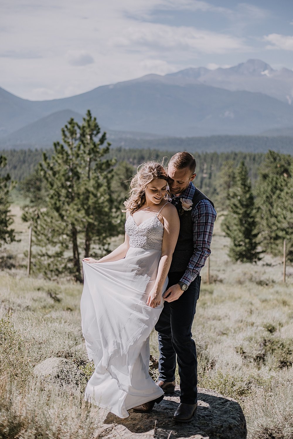 bridal attire, RMNP elopement ceremony, rocky mountain national park elopement, 3M curves elopement, self solemnizing, self solemnization, long's peak, summer elopement, estes park elopement