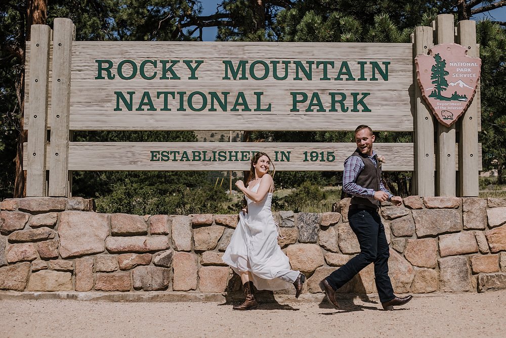 national park sign, RMNP elopement ceremony, rocky mountain national park elopement, 3M curves elopement, self solemnizing, self solemnization, long's peak, summer elopement, estes park elopement