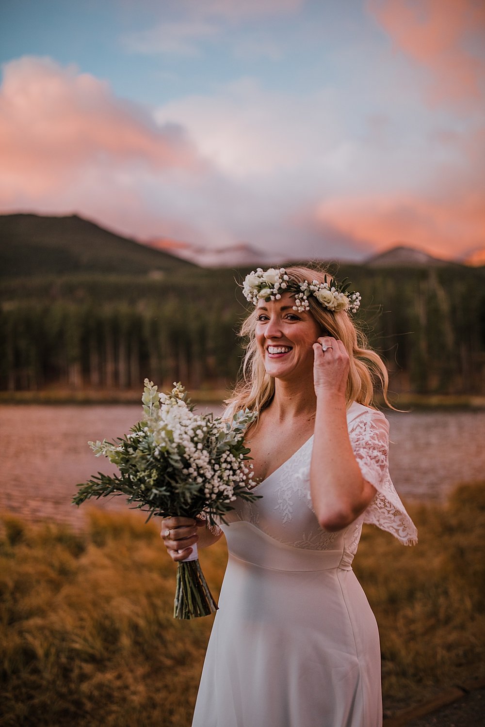 bride hiking, sunrise elopement, colorado elopement, sprague lake elopement, sprague lake wedding, rocky mountain national park elopement, adventurous colorado hiking elopement