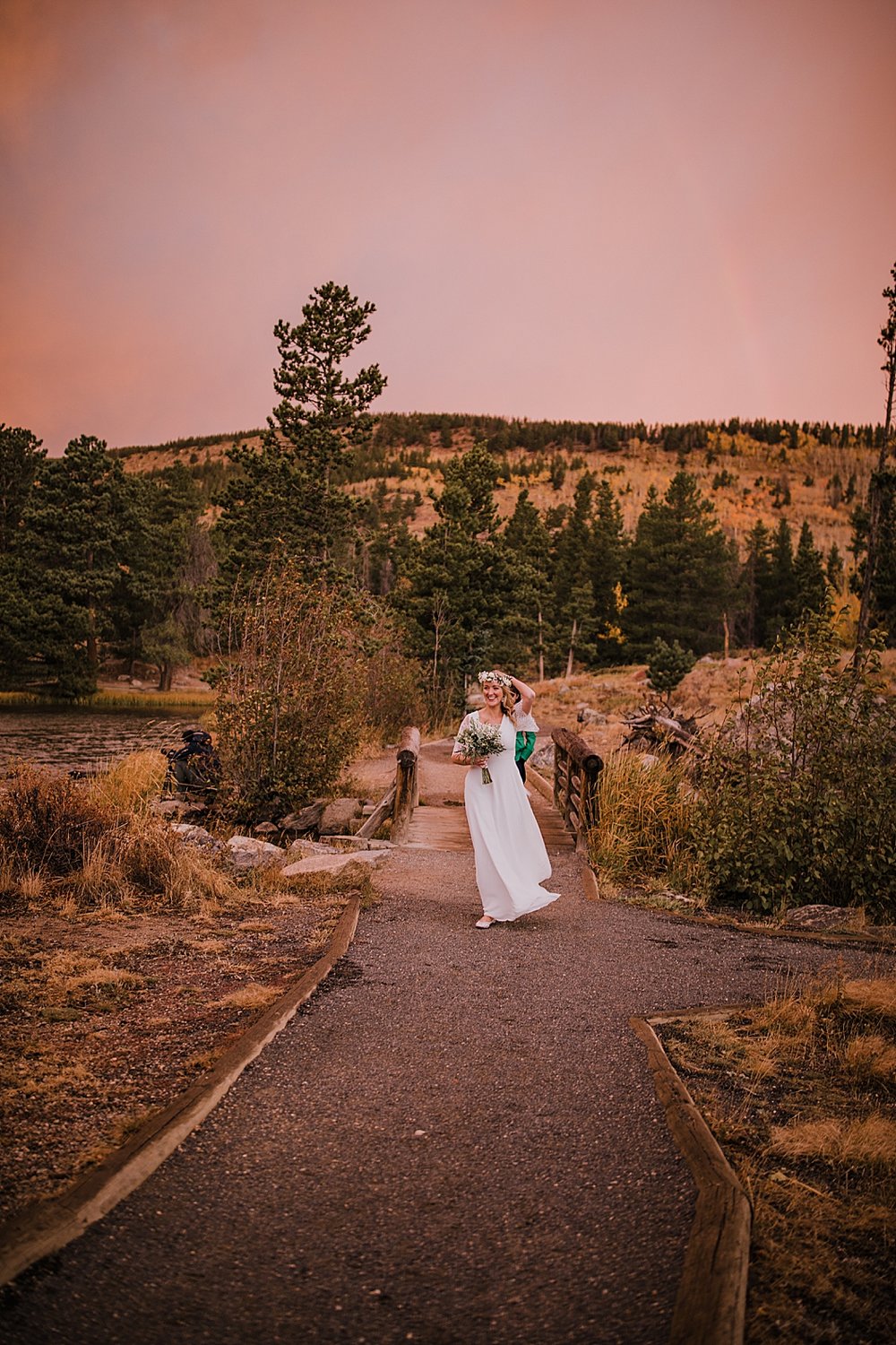 bride hiking, sunrise elopement, colorado elopement, sprague lake elopement, sprague lake wedding, rocky mountain national park elopement, adventurous colorado hiking elopement