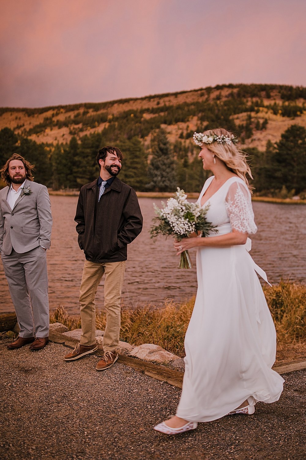 lulus wedding dress, sunrise elopement, colorado elopement, sprague lake elopement, sprague lake wedding, rocky mountain national park elopement, adventurous colorado hiking elopement