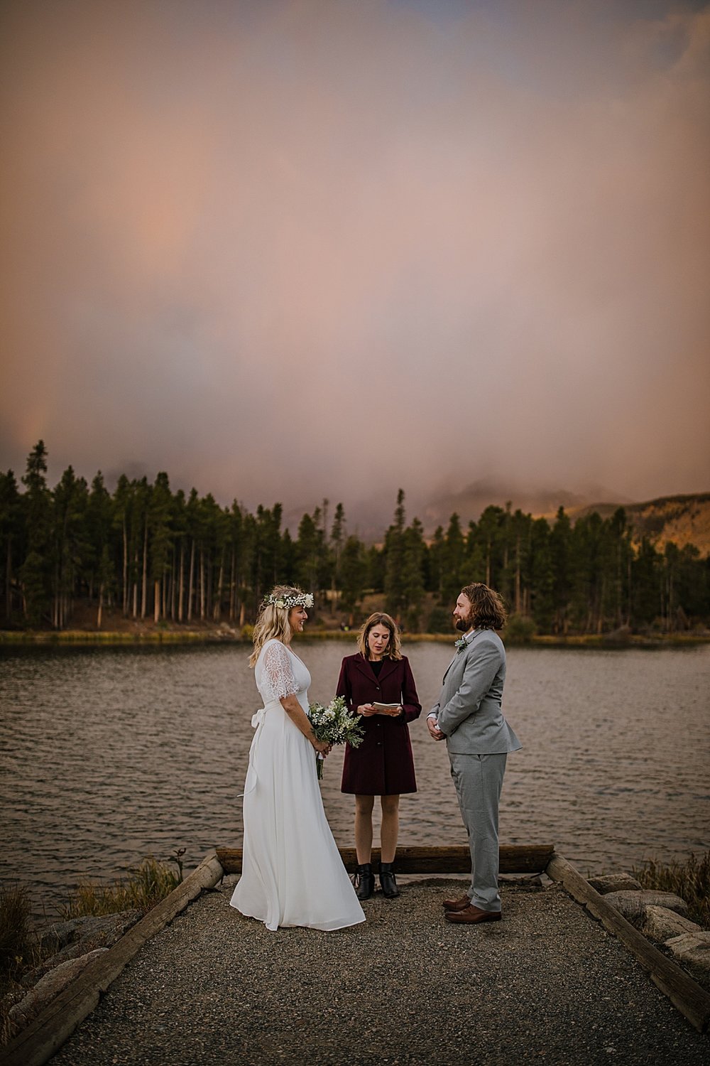 sprague lake dock elopement ceremony, sunrise elopement, colorado elopement, sprague lake elopement, sprague lake wedding, rocky mountain national park elopement, adventurous colorado hiking elopement