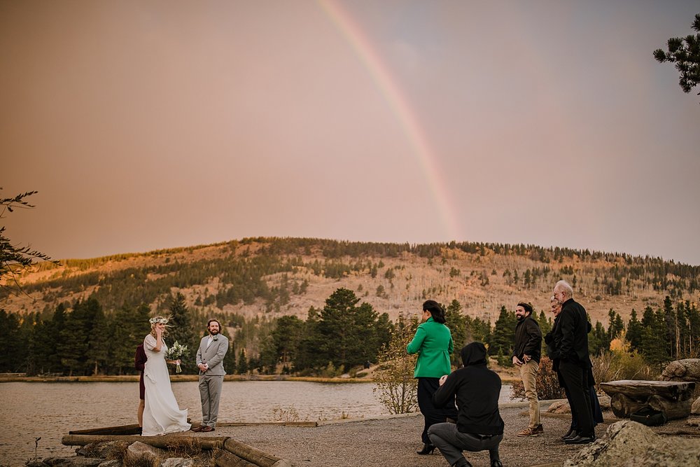 sprague lake dock elopement, sunrise elopement, colorado elopement, sprague lake elopement, rainbow on wedding day, rocky mountain national park elopement, adventurous colorado hiking elopement