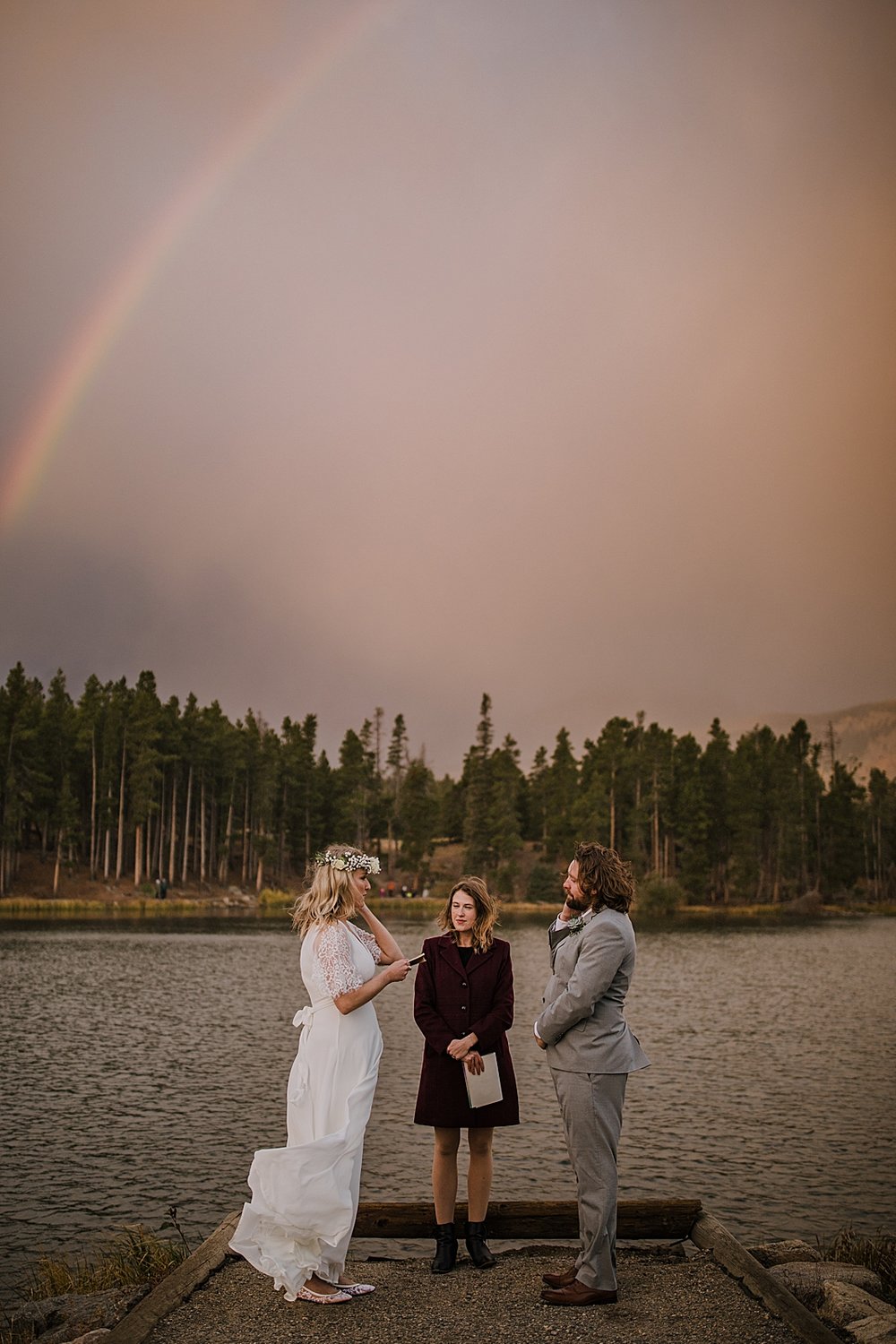 sprague lake dock elopement, sunrise elopement, colorado elopement, sprague lake elopement, rainbow on wedding day, rocky mountain national park elopement, adventurous colorado hiking elopement