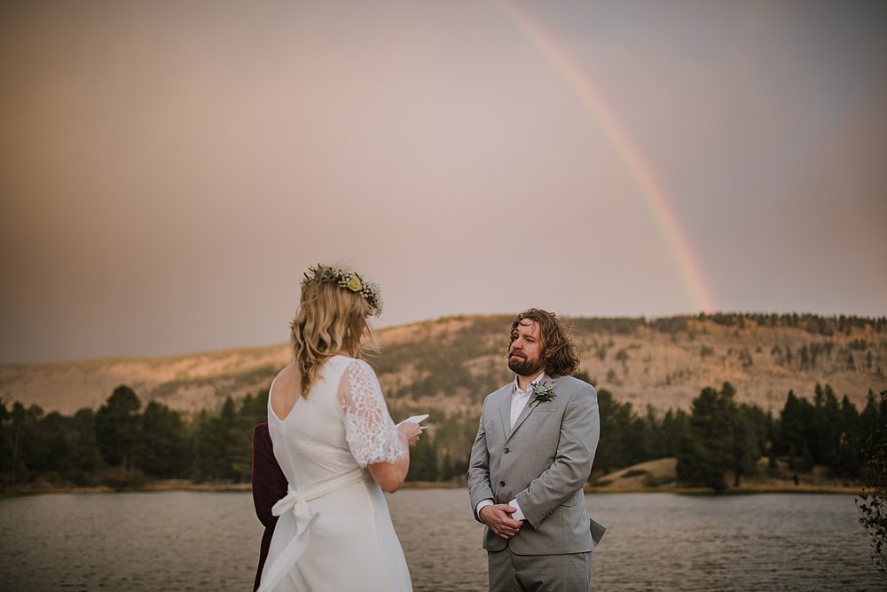 sprague lake dock elopement, sunrise elopement, colorado elopement, sprague lake elopement, rainbow on wedding day, rocky mountain national park elopement, adventurous colorado hiking elopement