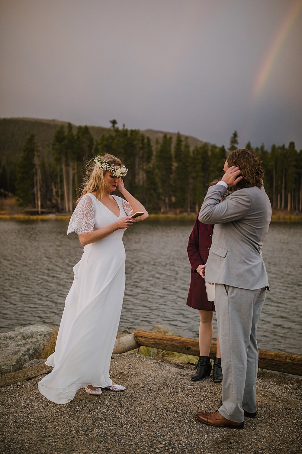 sprague lake dock elopement, sunrise elopement, colorado elopement, sprague lake elopement, rainbow on wedding day, rocky mountain national park elopement, adventurous colorado hiking elopement