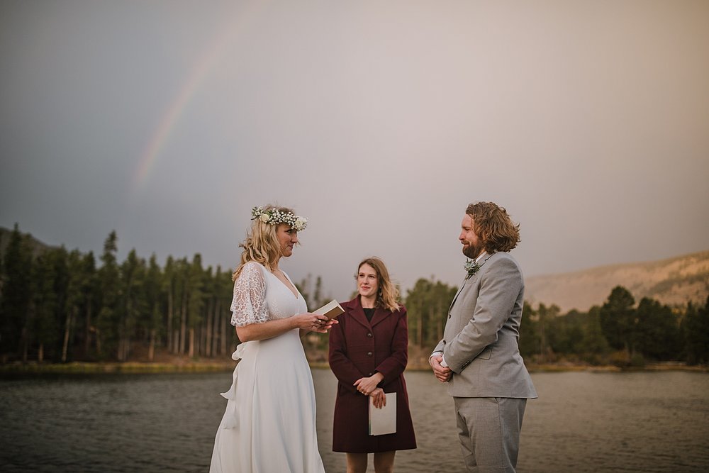 sprague lake dock elopement, sunrise elopement, colorado elopement, sprague lake elopement, rainbow on wedding day, rocky mountain national park elopement, adventurous colorado hiking elopement