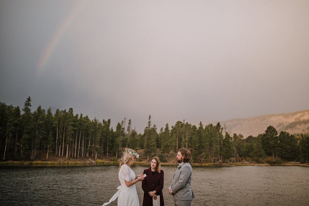 sprague lake dock elopement, sunrise elopement, colorado elopement, sprague lake elopement, rainbow on wedding day, rocky mountain national park elopement, adventurous colorado hiking elopement