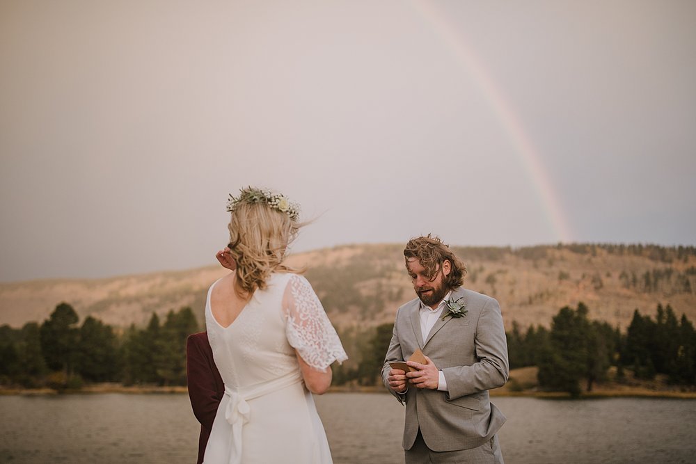 sprague lake dock elopement, sunrise elopement, colorado elopement, sprague lake elopement, rainbow on wedding day, rocky mountain national park elopement, adventurous colorado hiking elopement