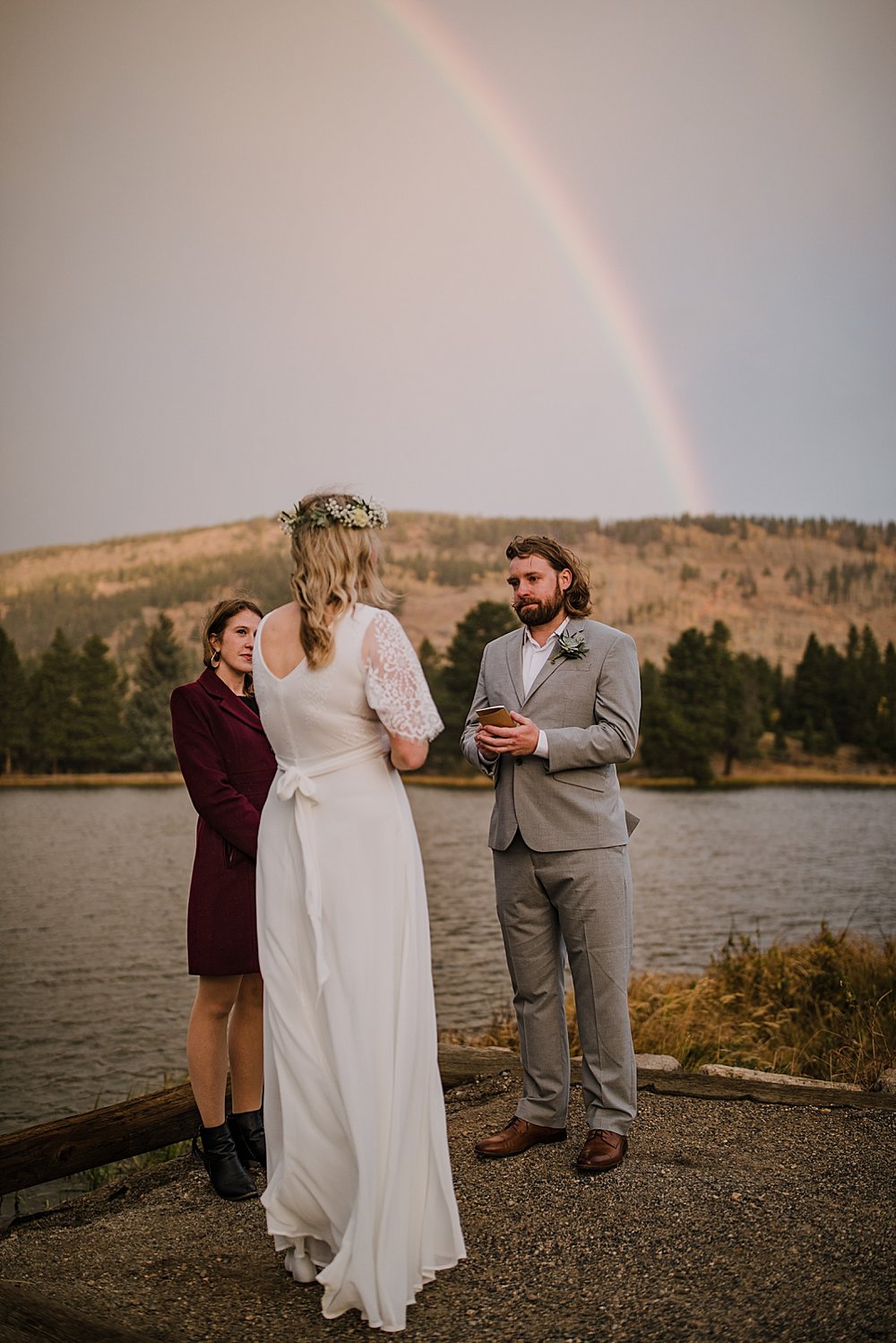 sprague lake dock elopement, sunrise elopement, colorado elopement, sprague lake elopement, rainbow on wedding day, rocky mountain national park elopement, adventurous colorado hiking elopement