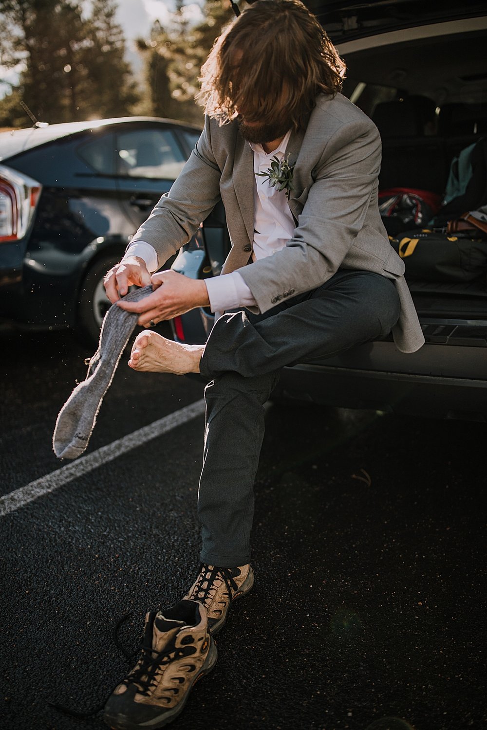 grooms hiking shoes, sprague lake dock elopement, sunrise elopement, colorado elopement, sprague lake elopement, rocky mountain national park elopement, adventurous colorado hiking elopement