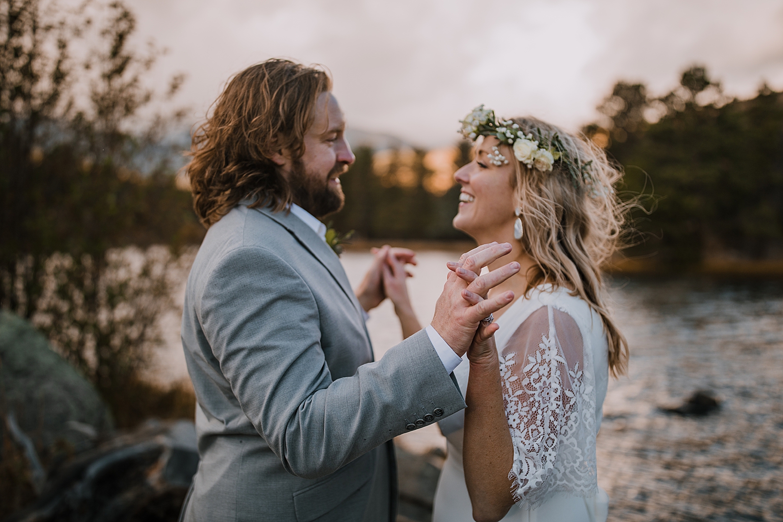 hiking bride and groom, sprague lake dock elopement, sunrise elopement, colorado elopement, sprague lake elopement, rocky mountain national park elopement, adventurous colorado hiking elopement