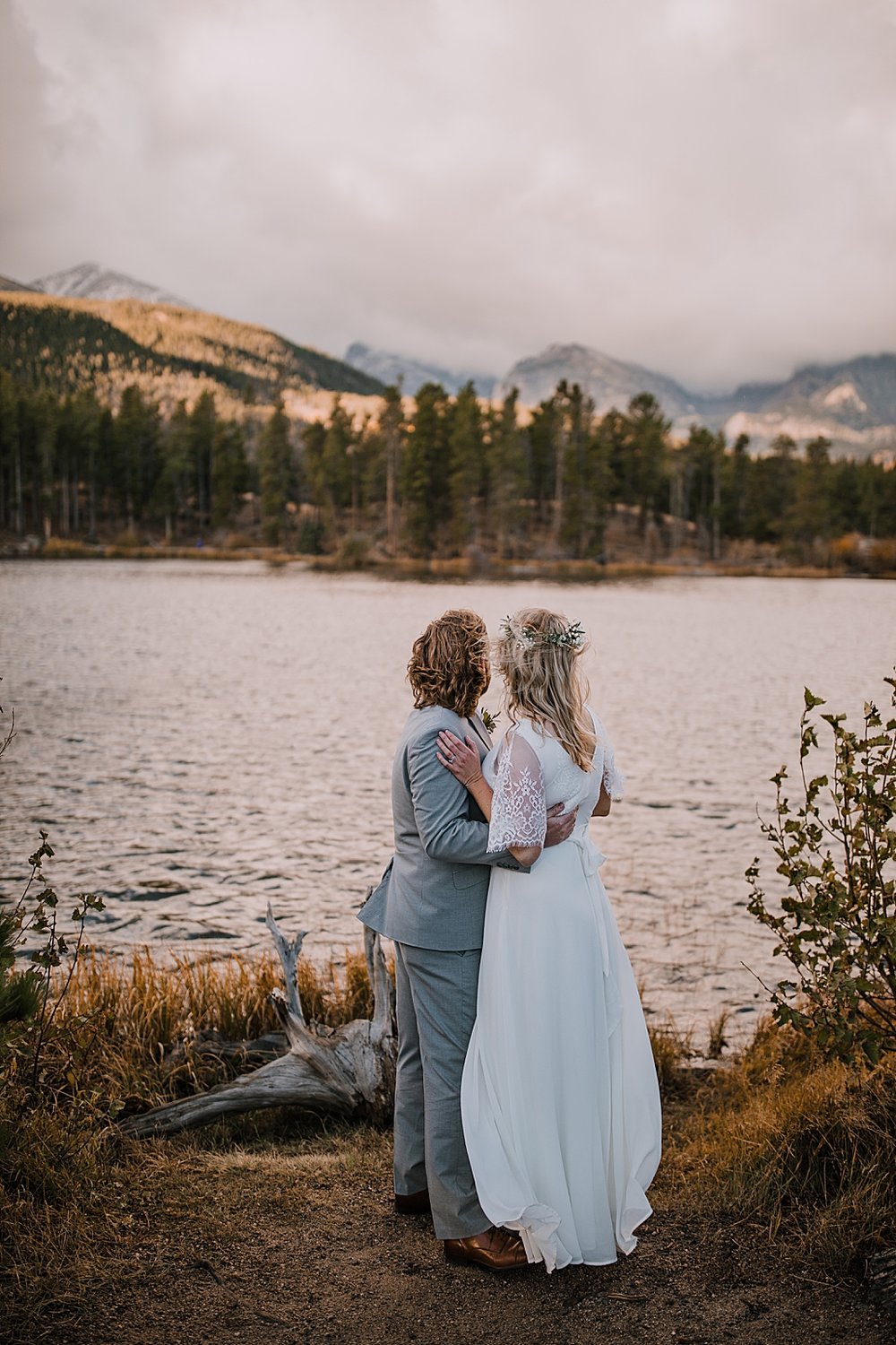 hiking bride and groom, sprague lake dock elopement, sunrise elopement, colorado elopement, sprague lake elopement, rocky mountain national park elopement, adventurous colorado hiking elopement