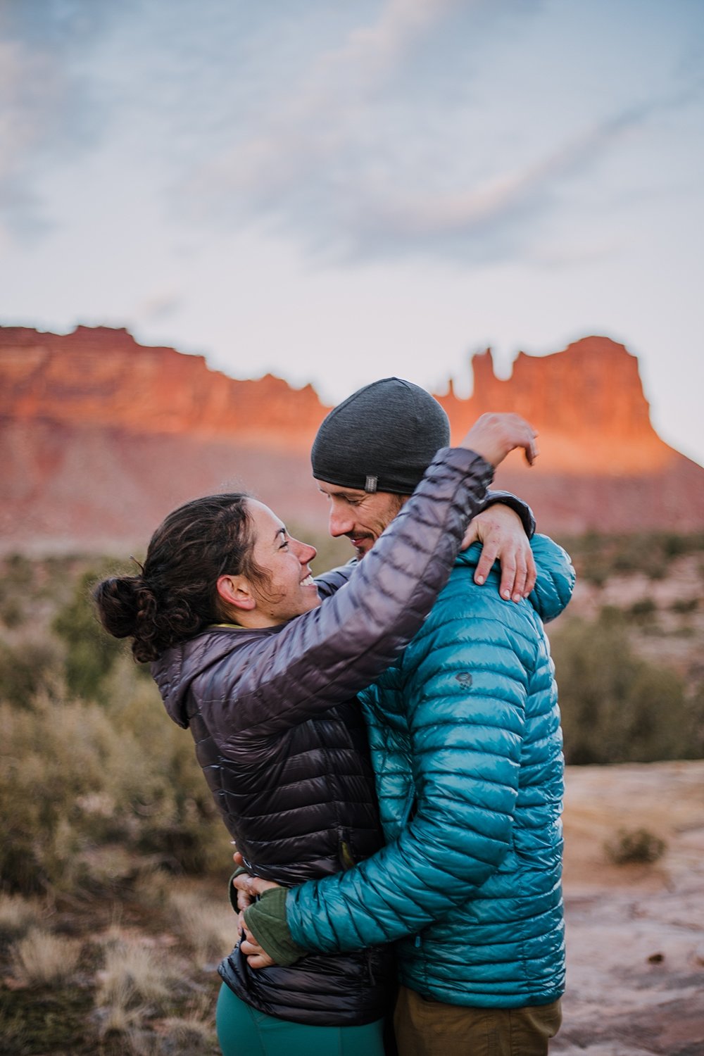 alpine glow in indian creek, sunrise climbing in indian creek, moab utah, engagements, desert love, hiking in moab, hiking in indian creek, indian creek elopement