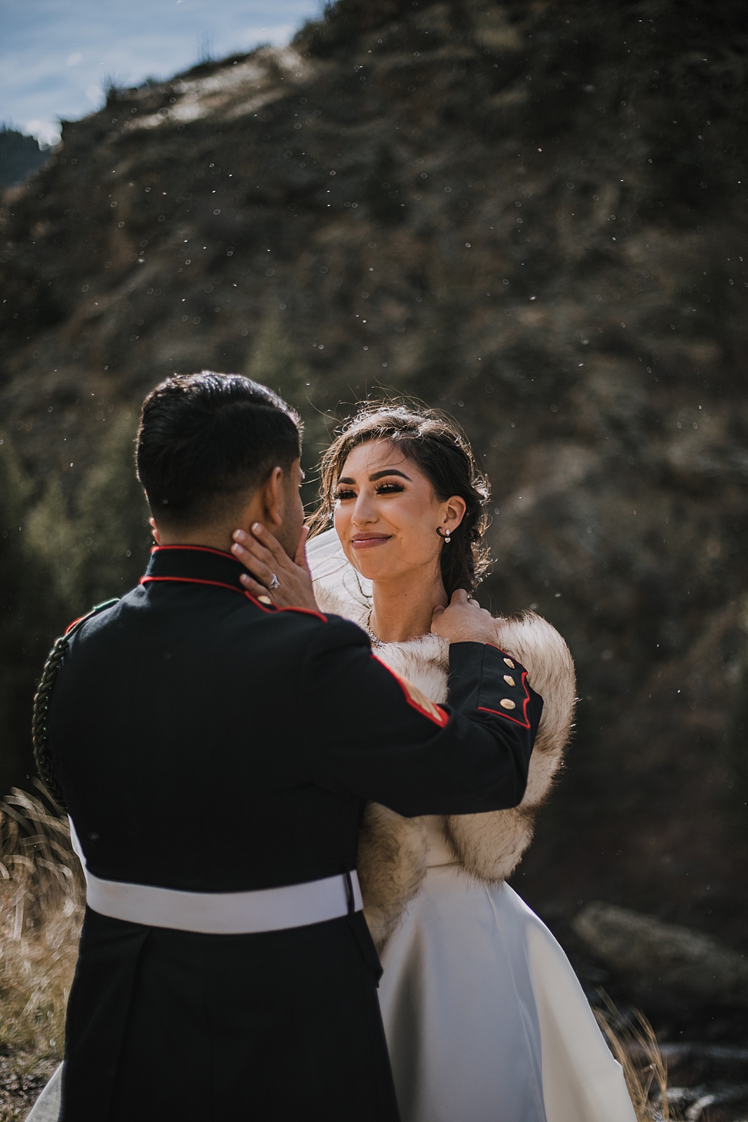 sun rain on couple, marine groom and police bride, hiking clear creek canyon, golden colorado wedding, golden colorado elopement, clear creek canyon climbing area