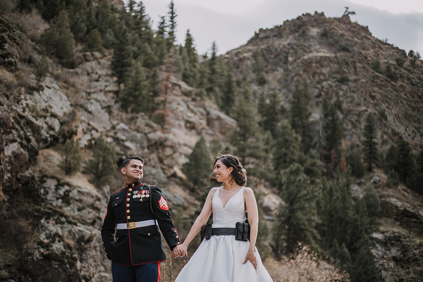 marine groom and police bride, hiking clear creek canyon, golden colorado wedding, golden colorado elopement, clear creek canyon climbing area