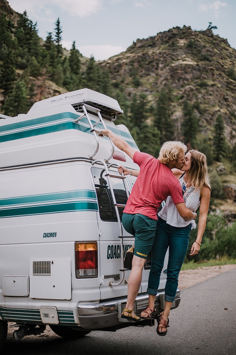 couple living life on the road and in a van, road tripping across the united states, van life in colorado, clear creek canyon golden colorado, clear creek canyon elopement