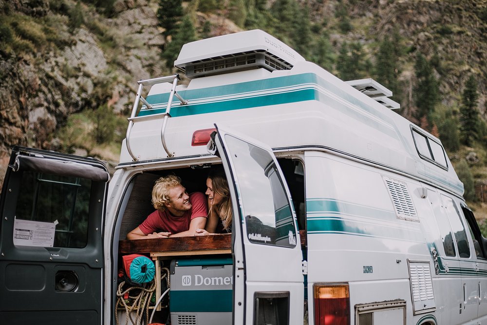 couple living life on the road and in a van, road tripping across the united states, van life in colorado, clear creek canyon golden colorado, clear creek canyon elopement