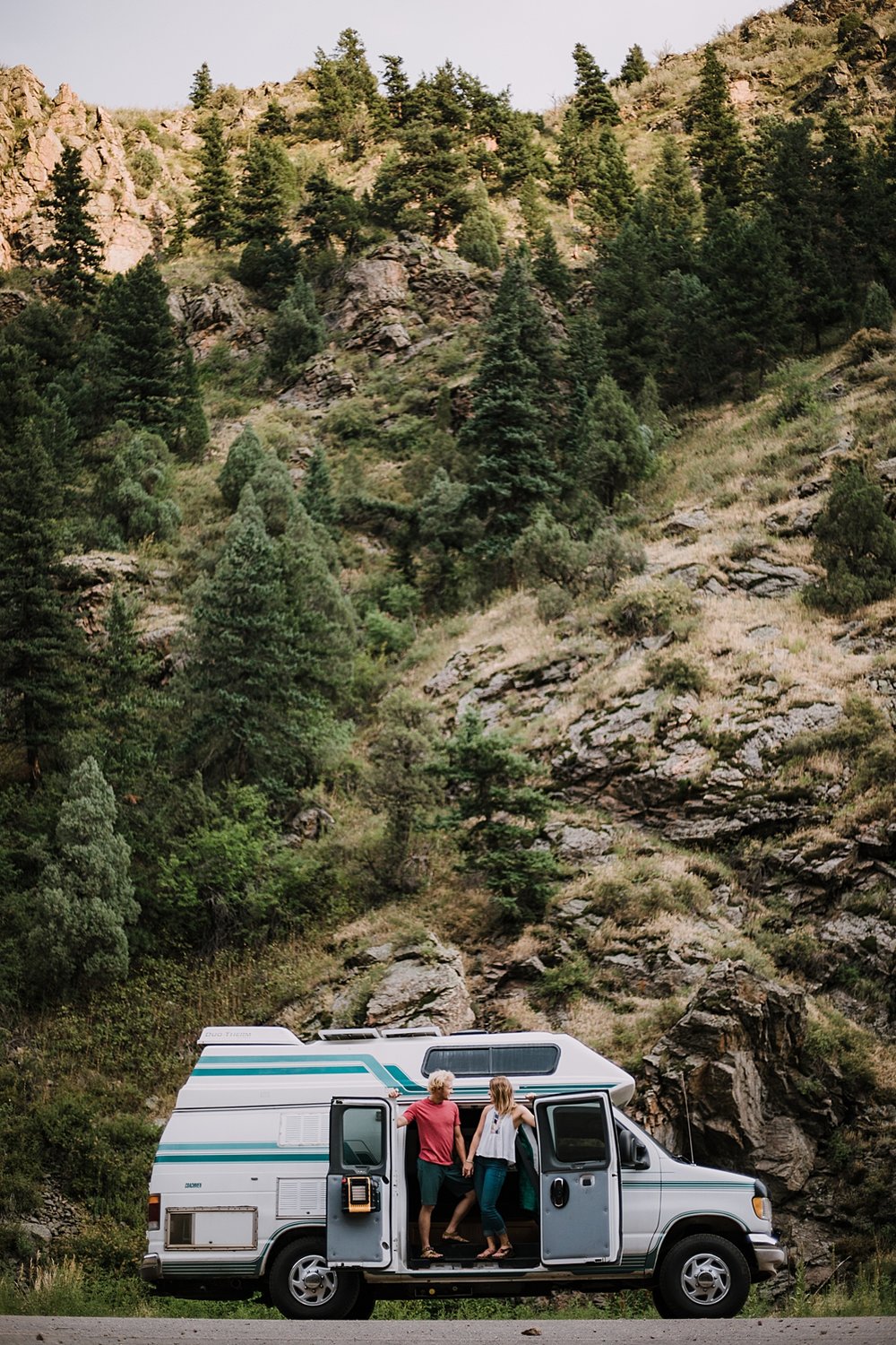couple living life on the road and in a van, road tripping across the united states, van life in colorado, clear creek canyon golden colorado, clear creek canyon elopement