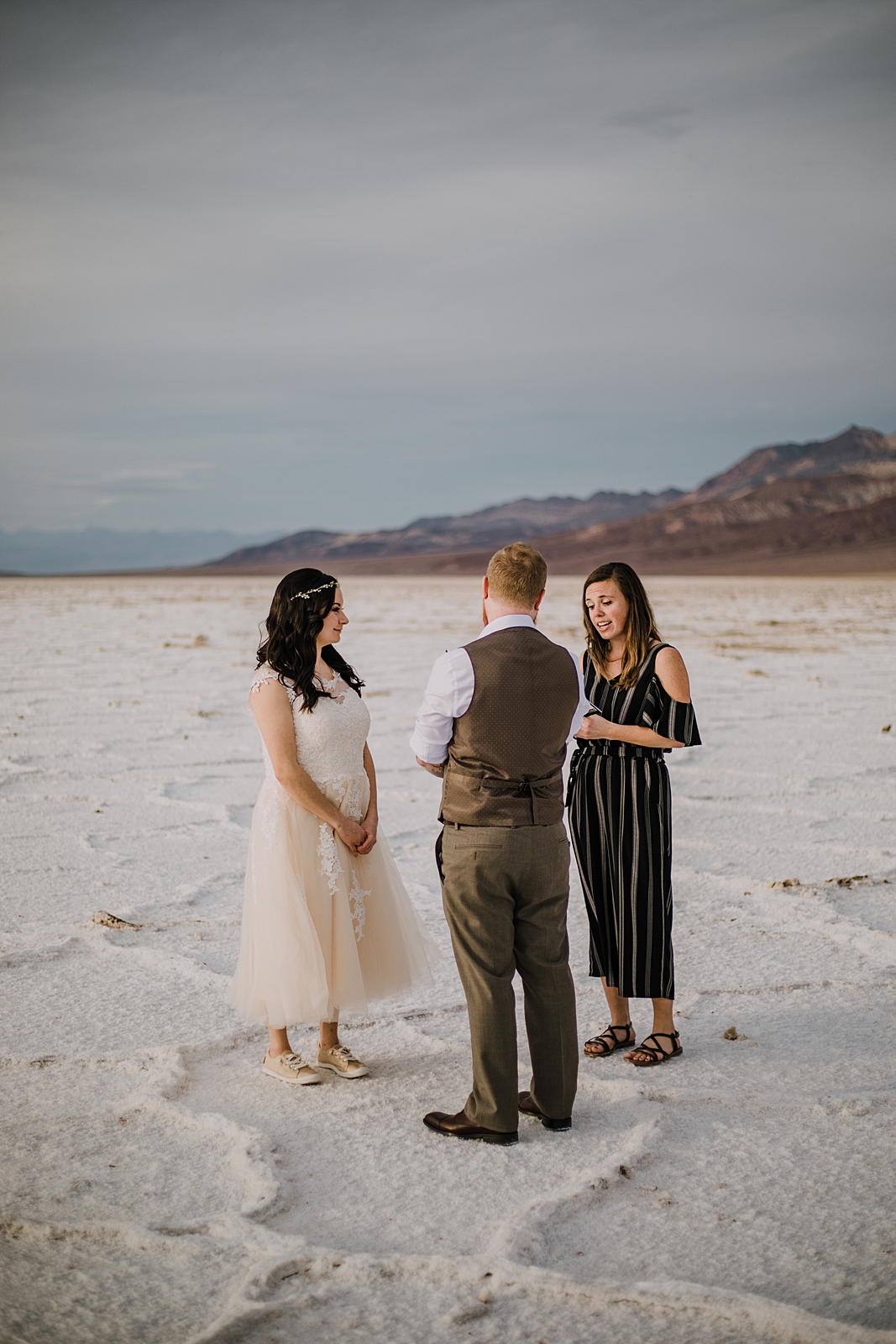 salt flats ceremony, death valley national park elopement, elope in death valley, badwater basin elopement, hiking in death valley national park, sunset at badwater basin