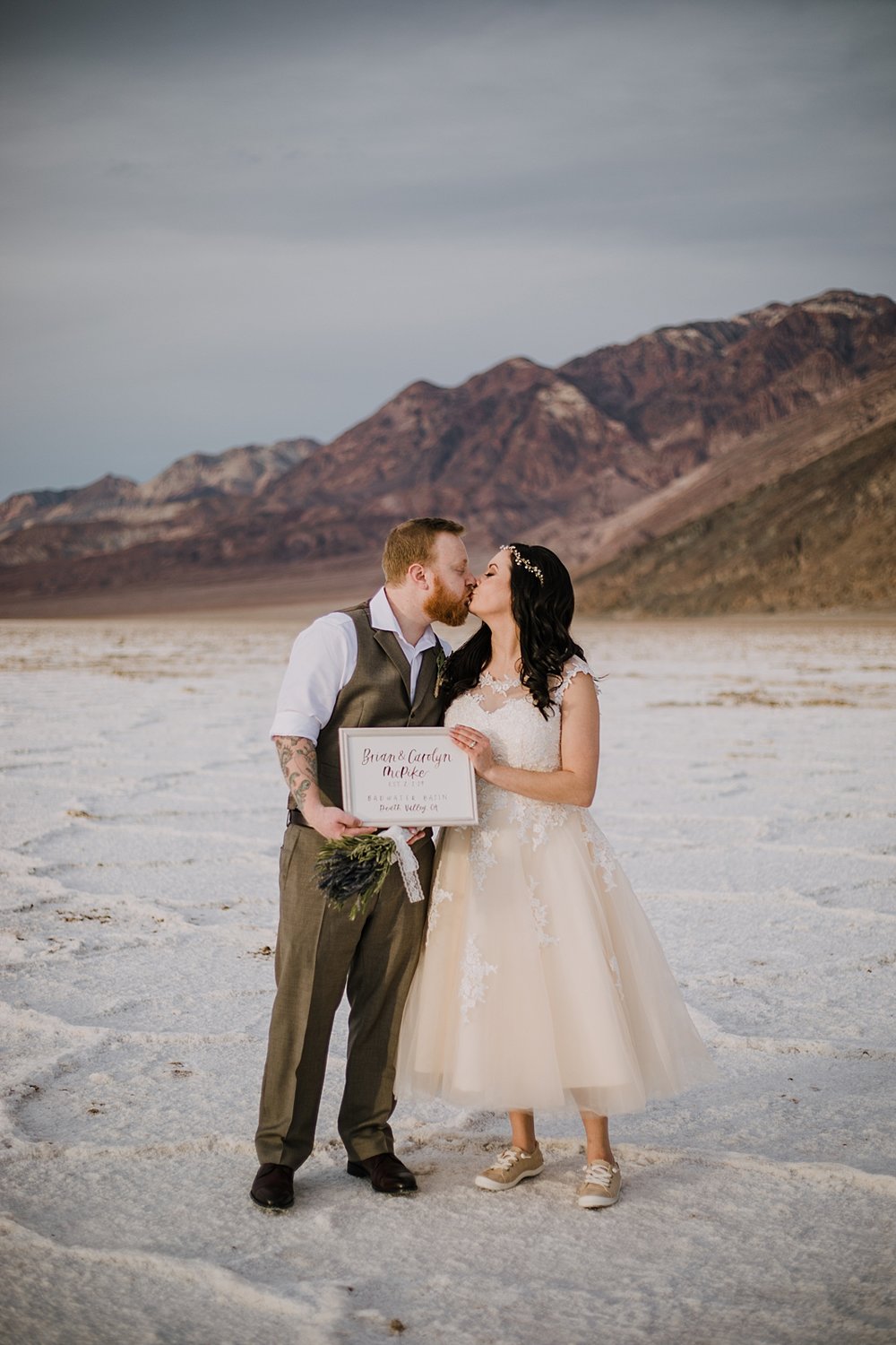 handmade elopement sign, death valley national park elopement, elope in death valley, badwater basin elopement, hiking in death valley national park, sunset at badwater basin