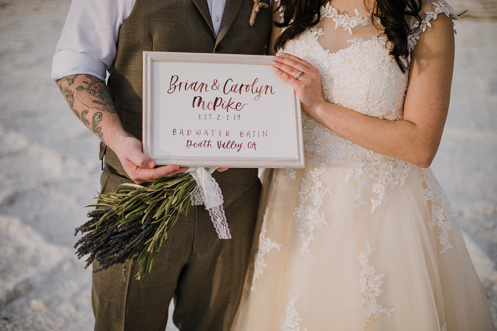 handmade elopement sign, death valley national park elopement, elope in death valley, badwater basin elopement, hiking in death valley national park, sunset at badwater basin