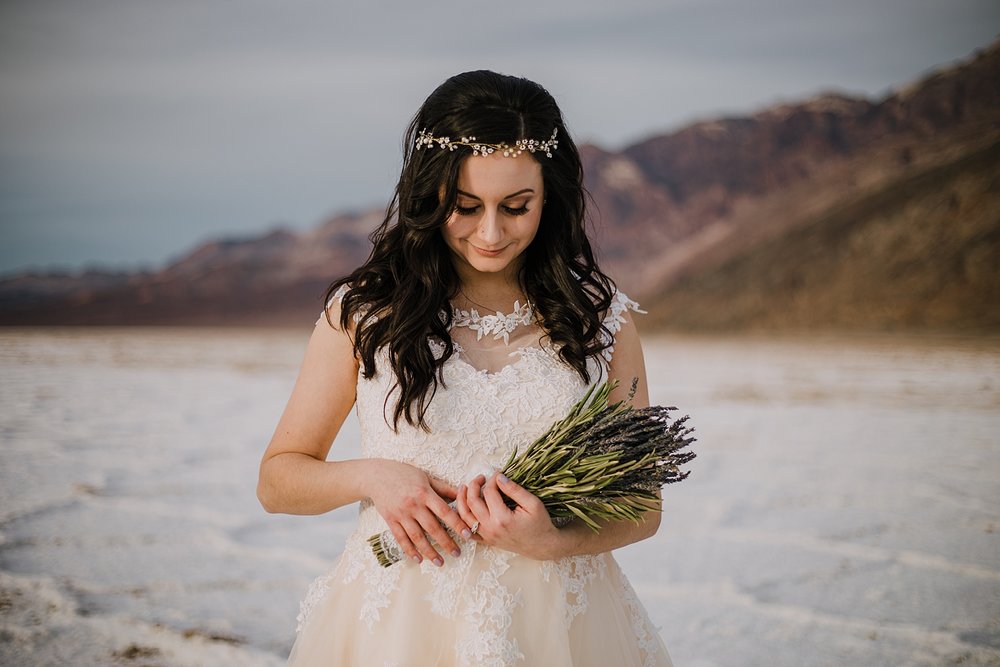 lavender bridal bouquet, death valley national park elopement, elope in death valley, badwater basin elopement, hiking in death valley national park, sunset at badwater basin