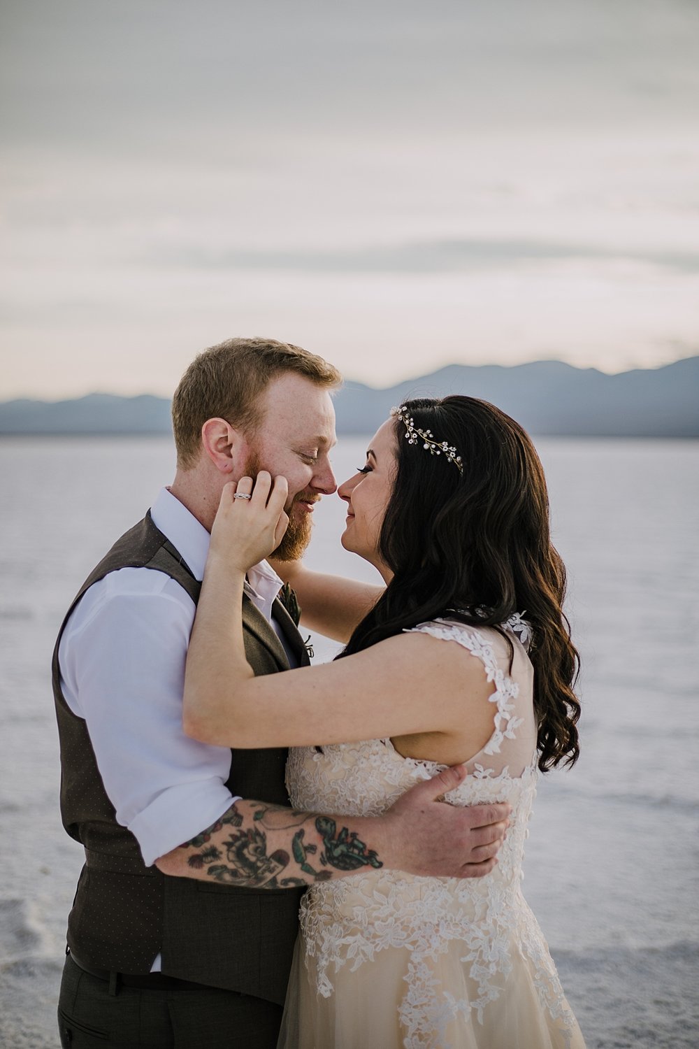 hiking across the salt flats, death valley national park elopement, elope in death valley, badwater basin elopement, hiking in death valley national park, sunset at badwater basin