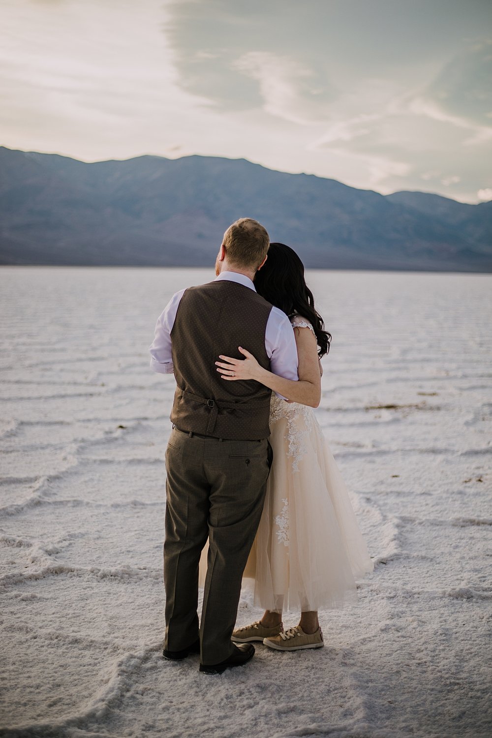 salt flats 282 feet below sea level, death valley national park elopement, elope in death valley, badwater basin elopement, hiking in death valley national park, sunset at badwater basin