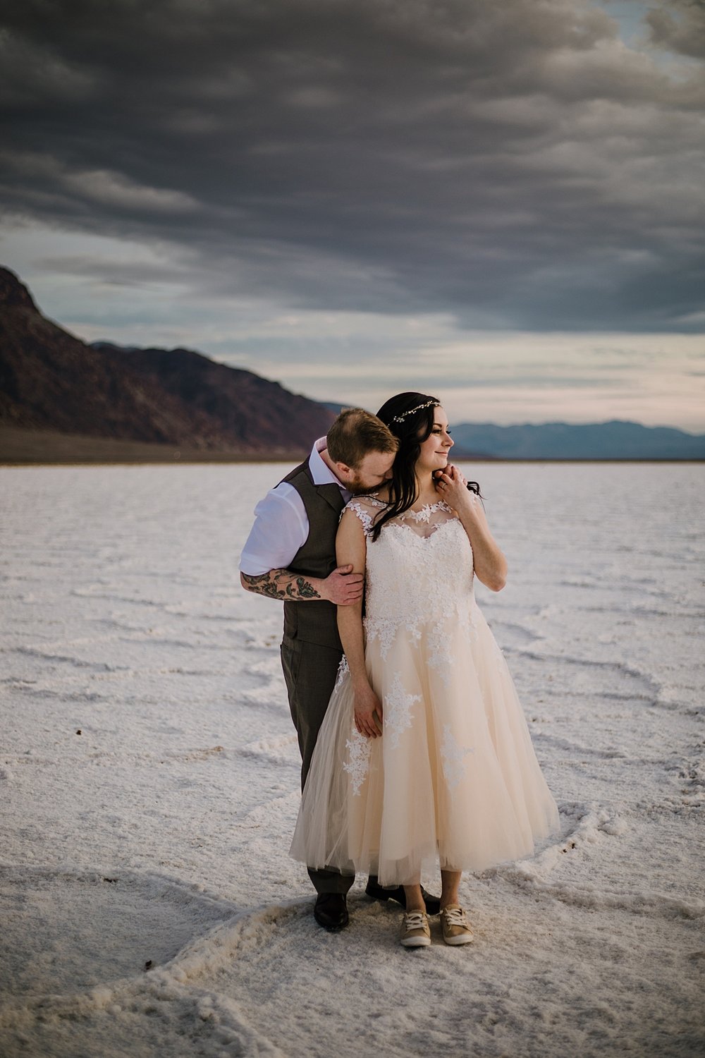 salt flats 282 feet below sea level, death valley national park elopement, elope in death valley, badwater basin elopement, hiking in death valley national park, sunset at badwater basin