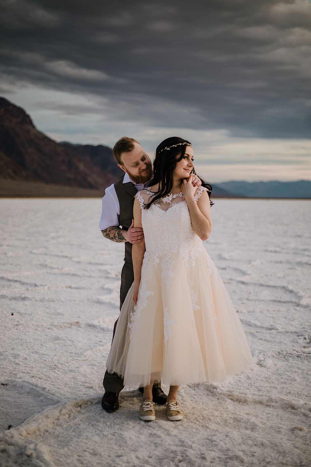 salt flats 282 feet below sea level, death valley national park elopement, elope in death valley, badwater basin elopement, hiking in death valley national park, sunset at badwater basin