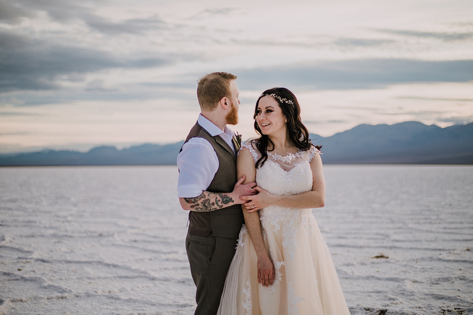 salt flats 282 feet below sea level, death valley national park elopement, elope in death valley, badwater basin elopement, hiking in death valley national park, sunset at badwater basin