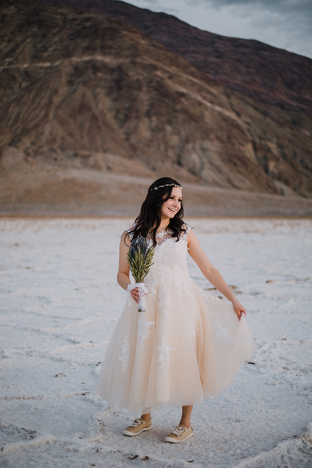 bridals at the salt flats, death valley national park elopement, elope in death valley, badwater basin elopement, hiking in death valley national park, sunset at badwater basin
