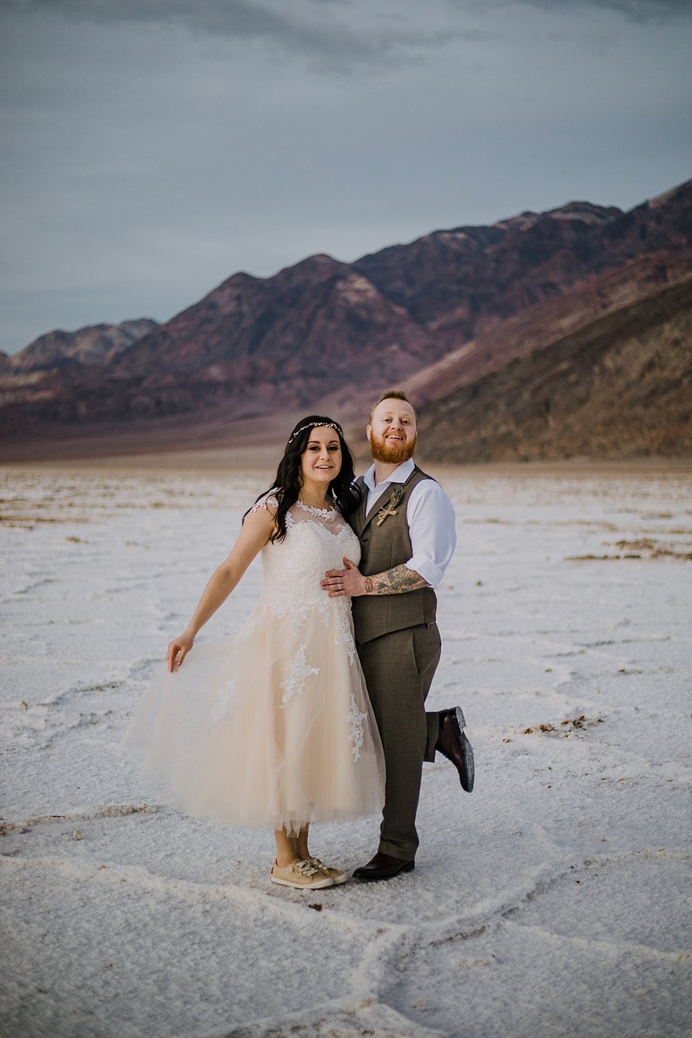 bridals at the salt flats, death valley national park elopement, elope in death valley, badwater basin elopement, hiking in death valley national park, sunset at badwater basin