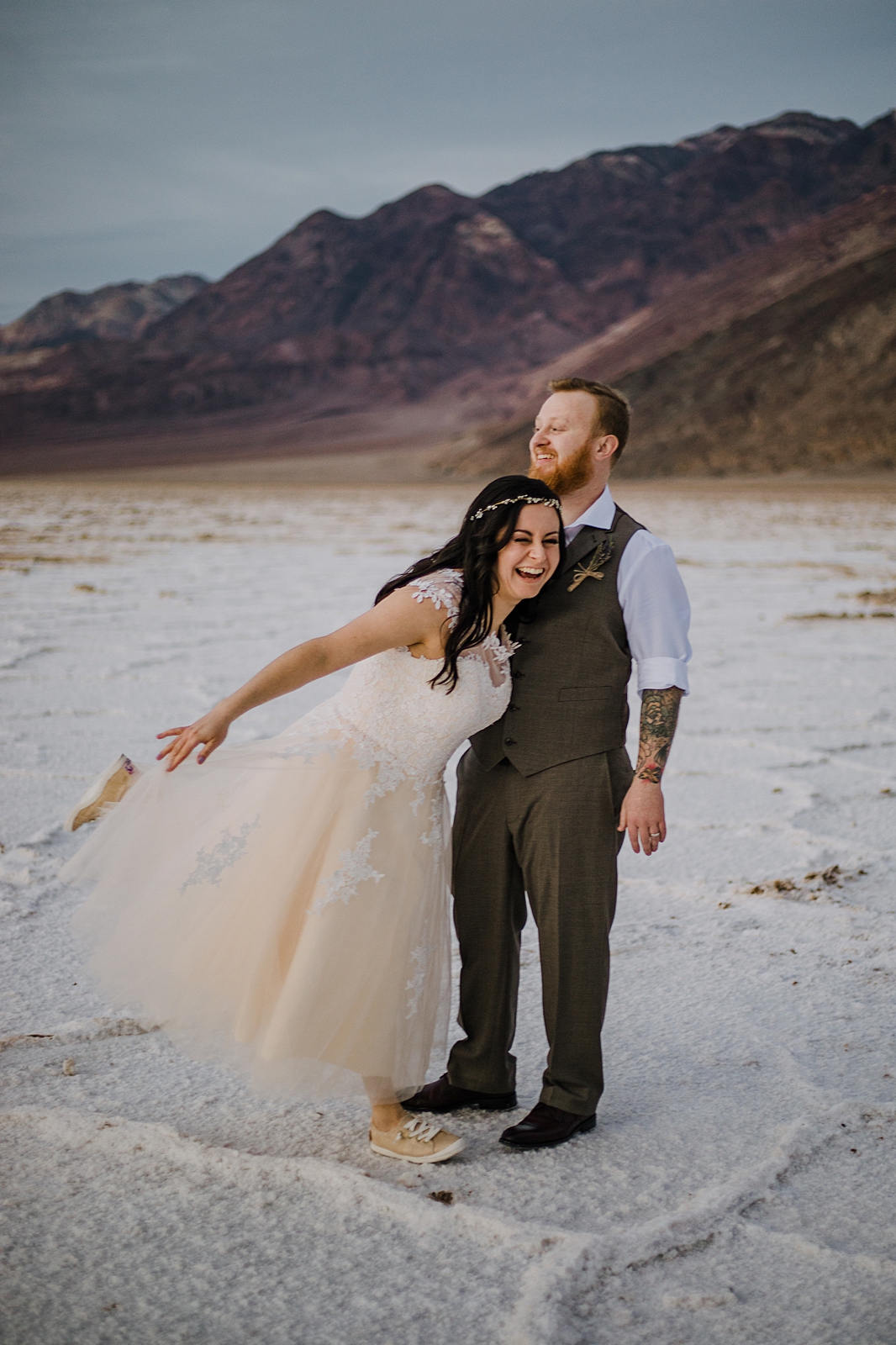 bridals at the salt flats, death valley national park elopement, elope in death valley, badwater basin elopement, hiking in death valley national park, sunset at badwater basin