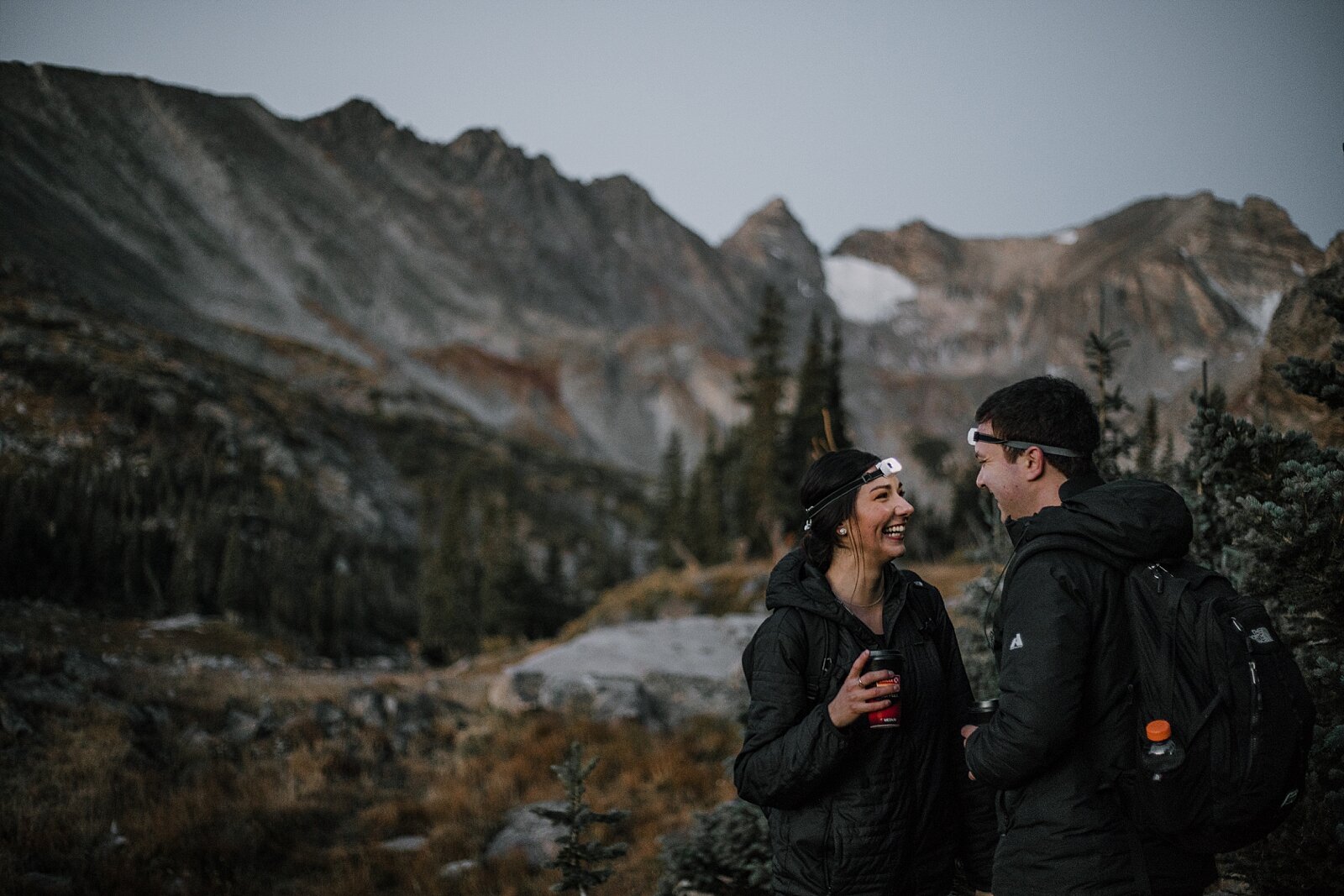 headlamp hiking, dawn hike elopement indian peaks wilderness, sunrise elopement at lake isabelle, eloping in brainard lake recreation area, rollinsville hiking, estes park colorado