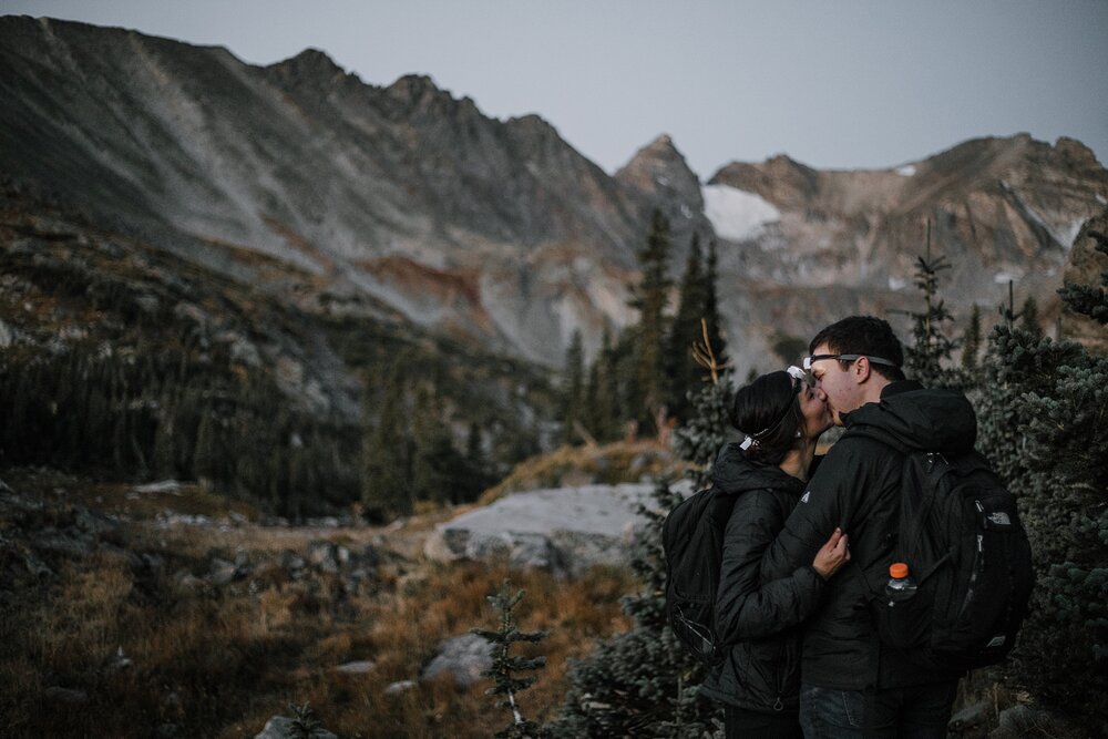 couple hiking with headlamps, dawn hike elopement indian peaks wilderness, sunrise elopement at lake isabelle, eloping in brainard lake recreation area, rollinsville hiking, estes park colorado