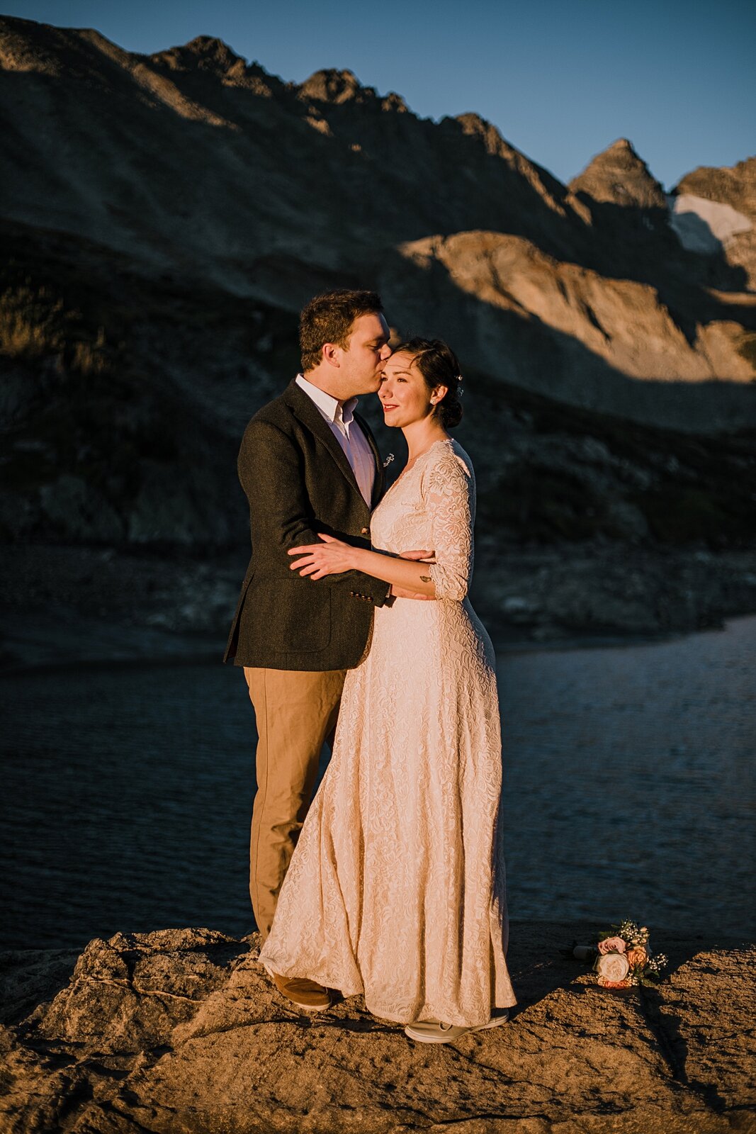 couple at sunrise lake isabelle, dawn hike elopement indian peaks wilderness, sunrise elopement lake isabelle, eloping in brainard lake recreation area, rollinsville colorado hiking