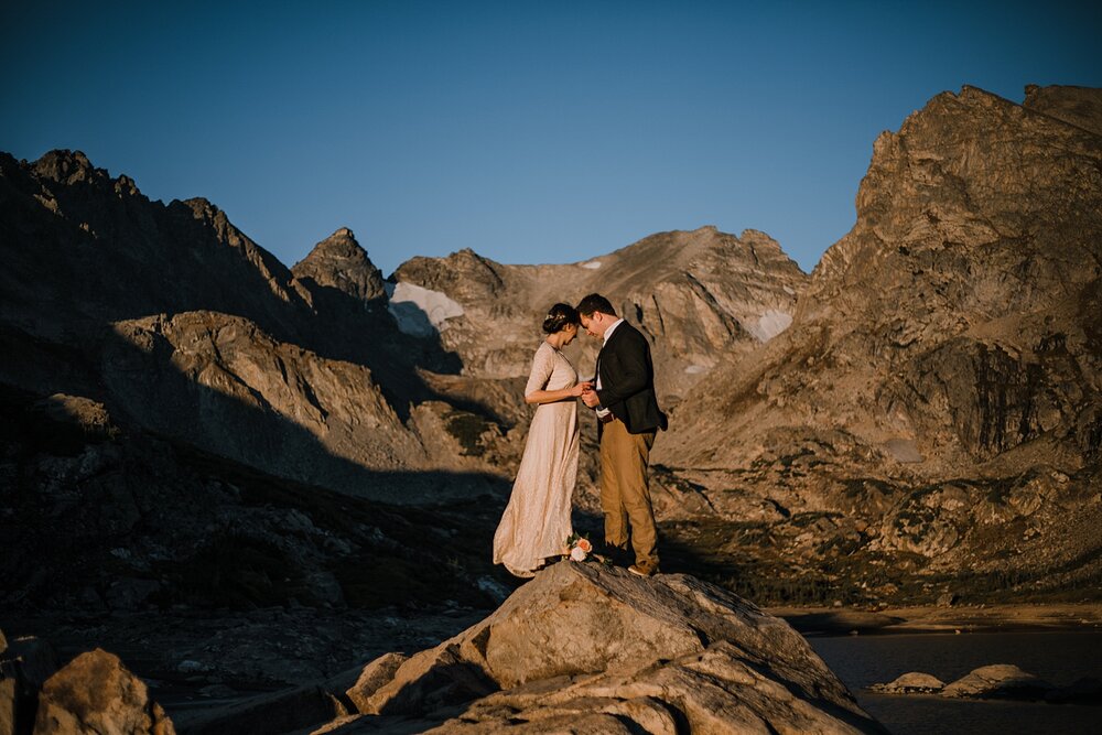 couple self solemnizing in rocky mountains, dawn hike elopement indian peaks wilderness, sunrise elopement lake isabelle, eloping in brainard lake recreation area, rollinsville colorado hiking