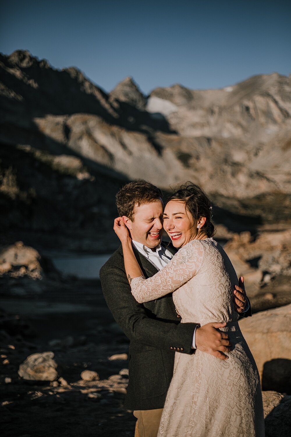 mountain couple laughing together, dawn hike elopement indian peaks wilderness, sunrise elopement lake isabelle, eloping in brainard lake recreation area, rollinsville colorado hiking