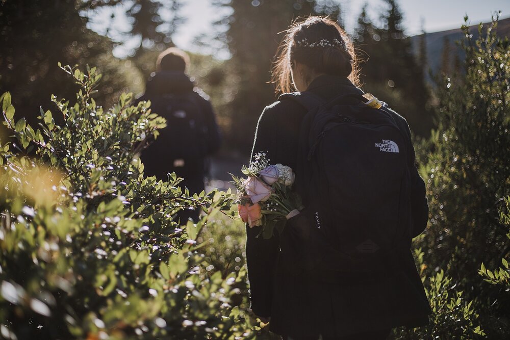 elopement florals, hiking in florals for elopement in backpack, dawn hike elopement indian peaks wilderness, sunrise elopement lake isabelle, eloping in brainard lake recreation area