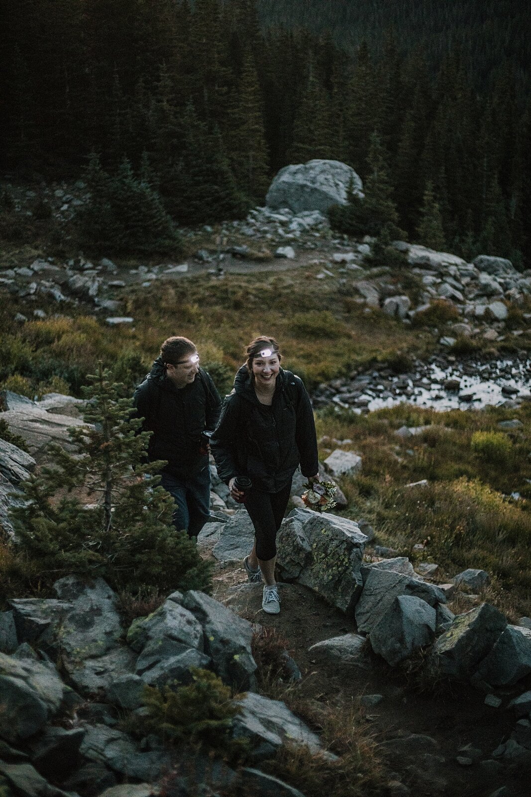 fall hiking and eloping at lake isabelle when the lake is drained, dawn hike elopement indian peaks wilderness, sunrise elopement lake isabelle, eloping in brainard lake recreation area